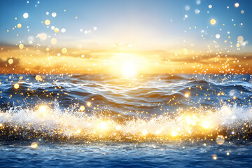 Magical sunset over ocean waves, sparkling water, golden light, serene nature scene. Perfect for travel, summer, or relaxation themes.