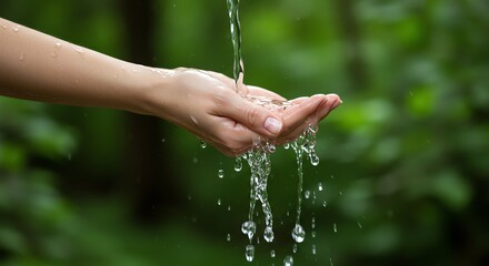 Water Pouring Into Hand with Green Background