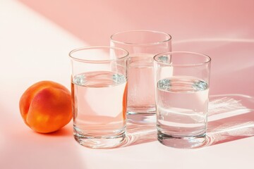 sharp picture of different sized glasses with water and peach background