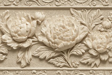 Ornate, beige floral bas-relief carving design.