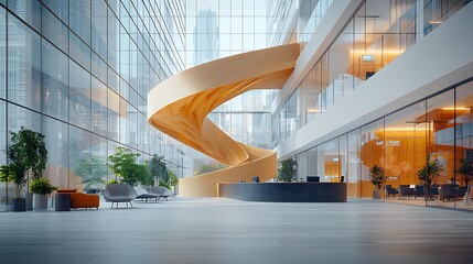 Modern office lobby with a wooden spiral sculpture, glass walls, & seating