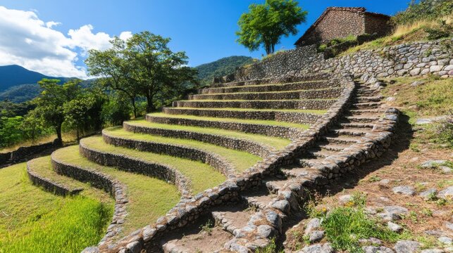 Scenic Landscape of Inca Agricultural Terraces at Yucay Peru with Stone Steps and Mountain Backdrop on a Sunny Day