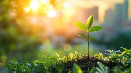 a solitary seedling emerges towards a radiant urban dawn, symbolizing resilience, growth, and the harmonious blend of nature and modern city environments, fostering a hopeful future
