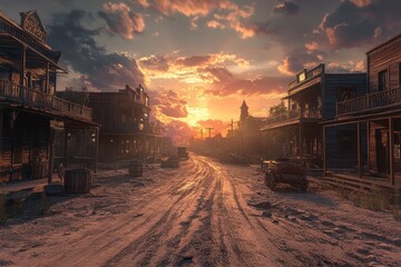 Fototapeta premium golden hour bathes a dusty frontier town in warmth with a majestic sunset painting the clouded sky
