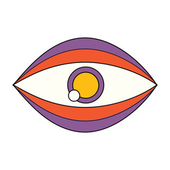 Psychedelic Retro Hippie Aesthetic Elements. Psychedelic vibes with bold colors and trippy shapes: smiling flowers, third eyes, mushrooms, and planets.