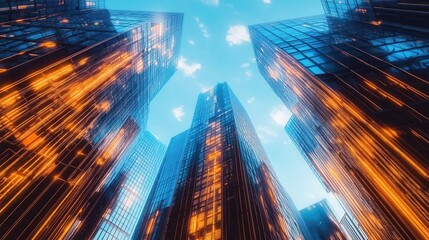 Modern Cityscape Glass Skyscrapers Urban Architecture Futuristic Design Orange Glow