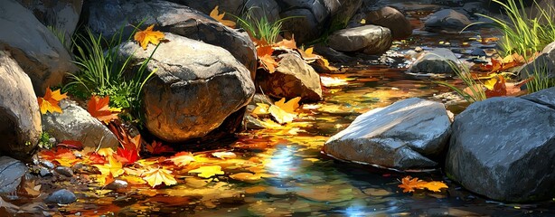  Set of tranquil forest river with rippling water and small rocks A serene creek flows through rocks and autumn leaves, showcasing the beauty of nature in vibrant colors and tranquil reflections.