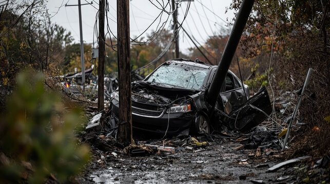 Destructive car accident urban area news coverage post-storm environment ground level damage assessment