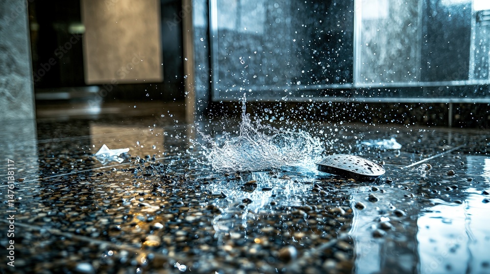 Poster water splashing on floor indoor shower area action photography modern environment close-up view dyna