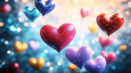 Sparkling Hearts Floating on a Blue Background