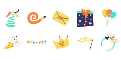 Birthday party decoration vector illustration. Gift box, confetti, bunting, balloons for birthday celebration party.