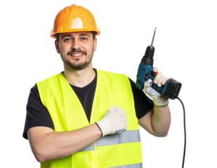 A cheerful construction worker in a hard hat and safety vest proudly holds an electric drill