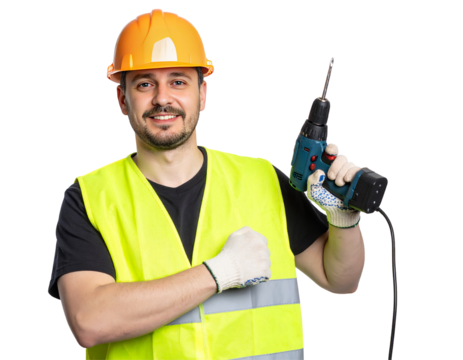 A cheerful construction worker in a hard hat and safety vest proudly holds an electric drill