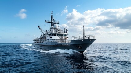 Research vessel navigating open ocean marine expedition detailed photography calm waters aerial perspective
