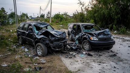 Overhead image of damaged vehicles in urban car crash a gloomy reminder for road safety awareness
