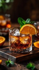 Close-up view of a refreshing cocktail garnished with orange.