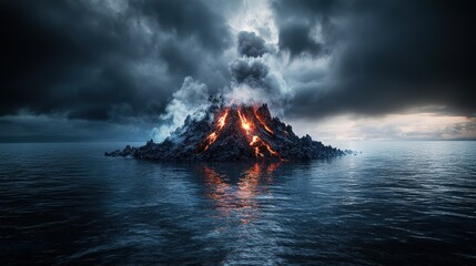 Volcanic eruption reveals fiery landscape over ocean waters dramatic scene nature aerial view natural disasters