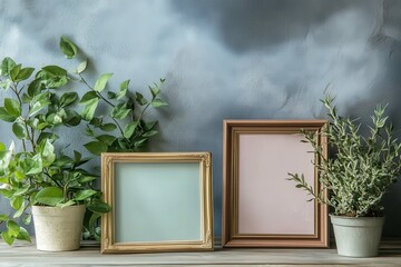 high detail visual of empty photo frames and plant arrangement