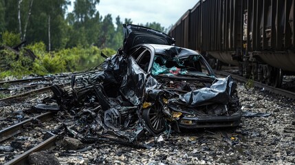Train accident scene wrecked car near railway tracks urban setting photographic capture somber mood
