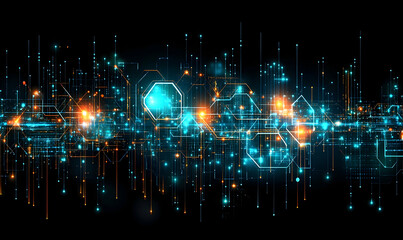 Obraz premium Abstract digital network, glowing nodes and connections, futuristic technology concept. Ideal for backgrounds, tech presentations, or websites.