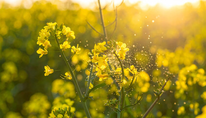 Fototapeta premium vibrant close up of yellow flowers in field, showcasing pollen dispersal in sunlight. scene captures beauty of nature and intricate process of pollination, evoking sense of tranquility and wonder