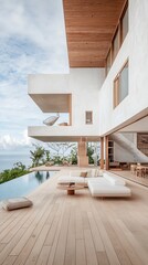 Modern villa w/ ocean view, infinity pool, wood deck, white walls & open design