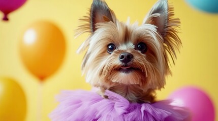 Fototapeta premium Adorable Puppy in Purple Tutu with Balloons