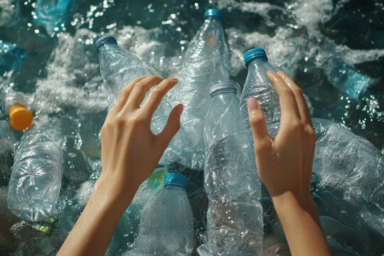 vibrant picture of femals hands grabbing plastic bottles to collect and trash them