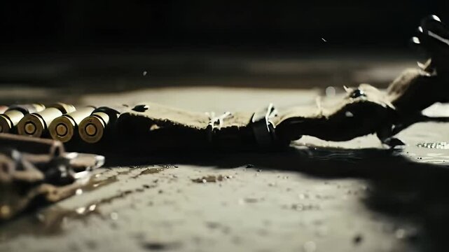 Row of Bullets on Dirty Floor in Dimly Lit Room Detailed Close up View