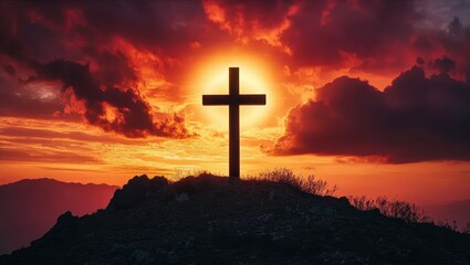 Silhouette of a Cross on Hilltop at Vivid Sunset