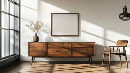 Modern, minimalist interior design showcasing a wooden cabinet and chair.