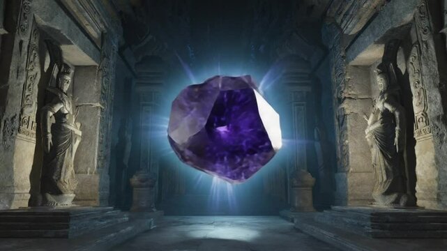 lowing crystal floating in the center of an ancient temple 
