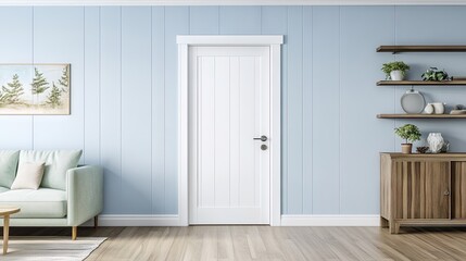 Fototapeta premium Light, modern interior room with a white door.