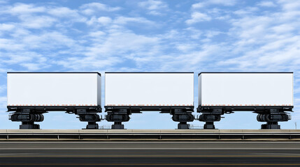 Obraz premium Three blank trailer billboards on a highway, under a bright blue sky. Perfect for your advertising campaign.