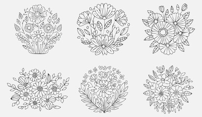 black and white floral outline set with detailed flower and leaf designs in grid layout
