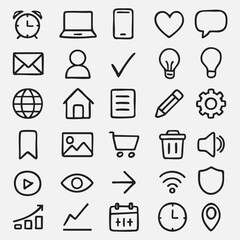 24 thin black line icons including tech, communication, and ui symbols on light background
