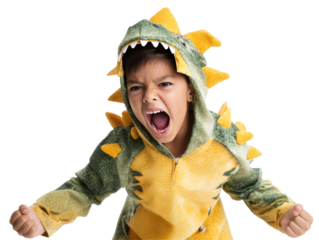 A boy in a yellow dinosaur costume is roaring. isolated, transparent background