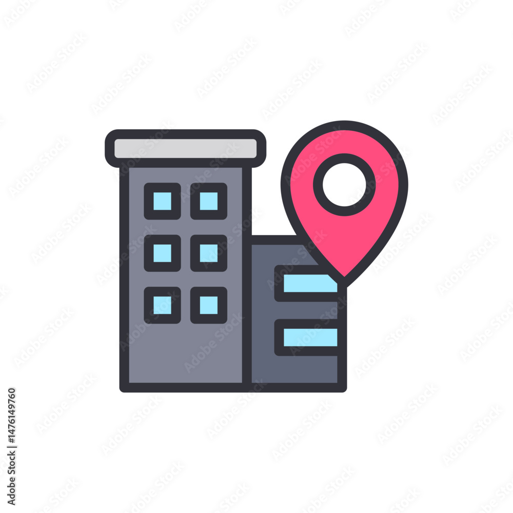 Poster office building with map pointer icon for location indication