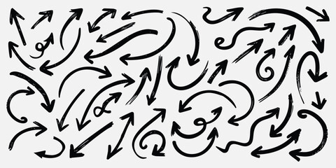30 black hand drawn arrow illustrations in varied styles on a white background