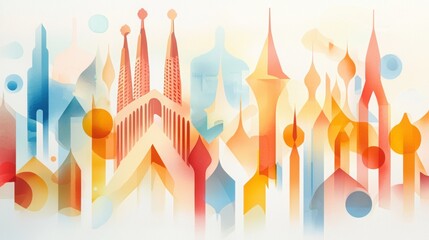 Whimsical Watercolor Art of Barcelona's Iconic Sagrada Familia and City Skyline