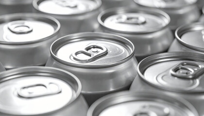 Close up of aluminum soda cans arranged closely together, showcasing their shiny surfaces and pull tab openings. image captures industrial feel and modern design of beverage containers
