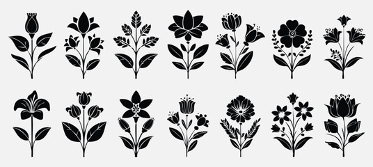 decorative flower and plant silhouettes in two row layout for graphic and craft design