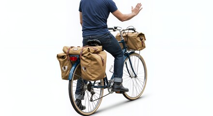 Cyclist on Blue Bicycle with Brown Storage Bags Waving Hand Isolated on White Background for Advertising and Educational Purposes