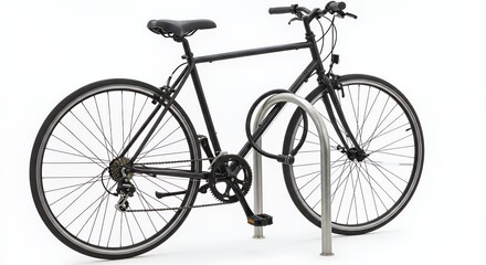 Fototapeta premium Black Bicycle Locked to Metal Rack Isolated on White Background for Safety and Urban Transportation