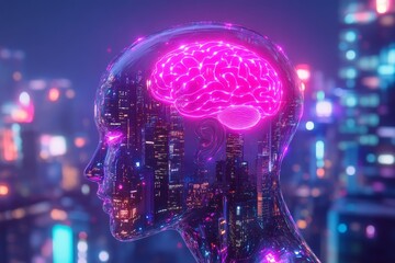 Transparent head profile, brain glowing 