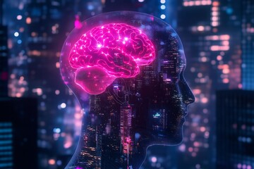 Transparent head profile, brain glowing 