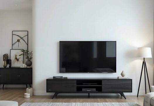 Modern tv screen hanging on white wall in living room. Front view. 3d rendering.