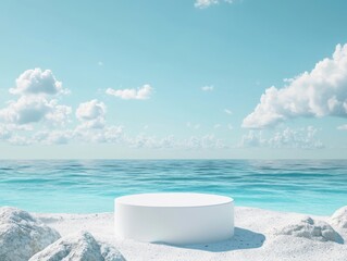 Minimalist Product Display on Beach with Ocean View Podium for Presentation Mockup Turquoise Water White Sand Rocks Clouds
