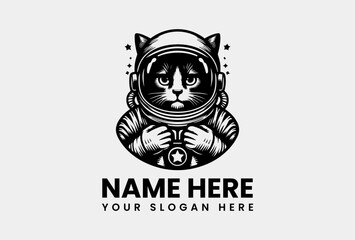 Stylized Astronaut Cat Vector Logo Graphic. Cute Space Animal Design