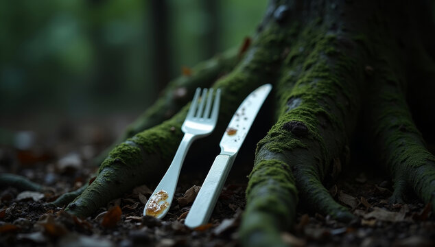 Environmental pollution and inextricable waste problem depicted by fork and knife amidst tree roots in nature